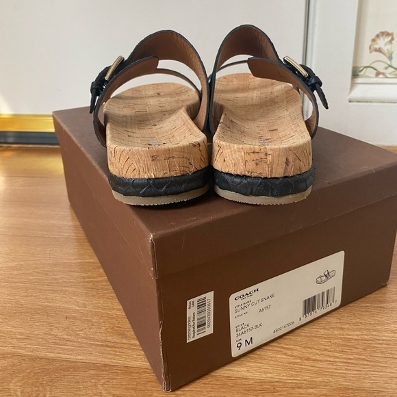 Coach New Women’s Size 9 Sunny Cut Snake Black Leather Cork Sandal Slides NIB - Picture 4 of 14